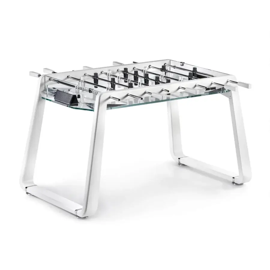 Superior Impatia Derby Canvas foosball table with lacquered white frame and transparent playing surface crafted in Italy with chrome details