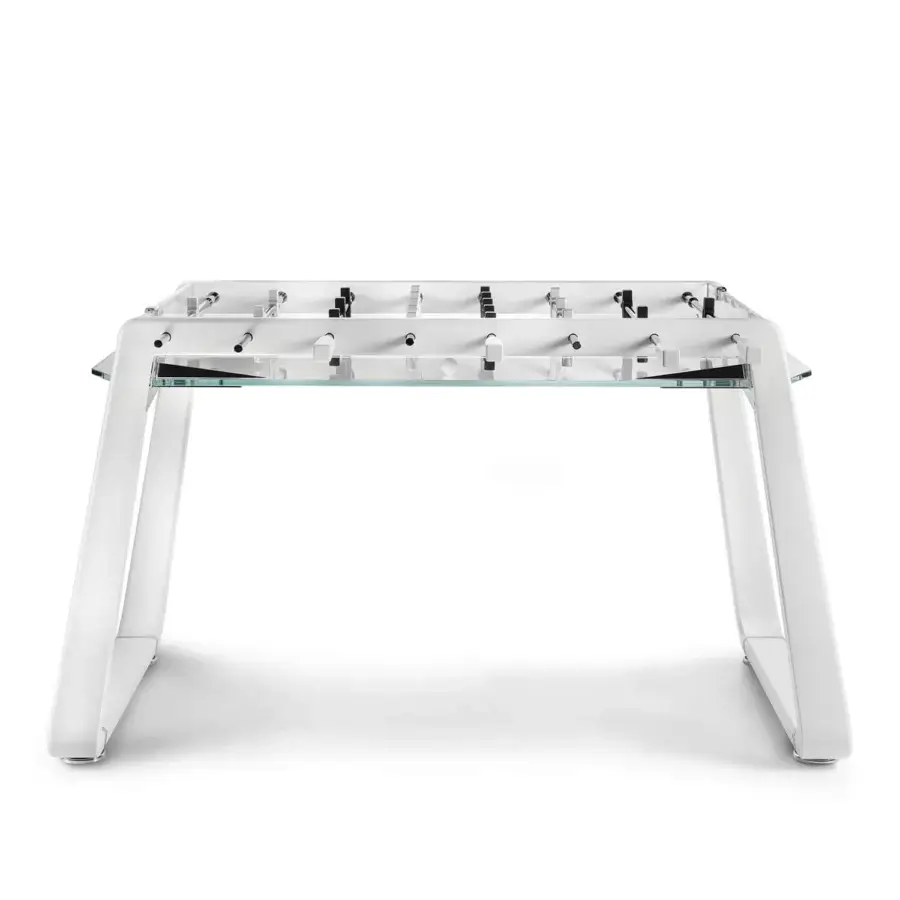 Distinguished Impatia Derby Canvas foosball table with lacquered white frame, transparent playing surface and elegant chrome details crafted in a smooth matte finish