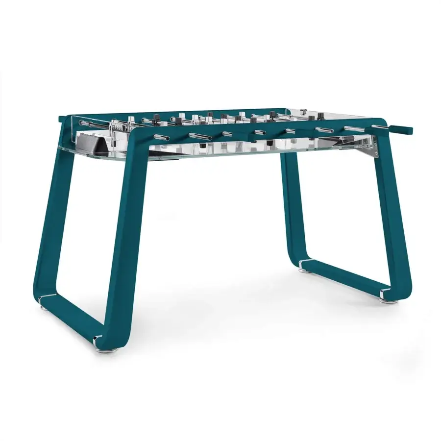 Exclusive Impatia Derby Canvas foosball table with lacquered teal frame and transparent playing surface crafted in chrome details