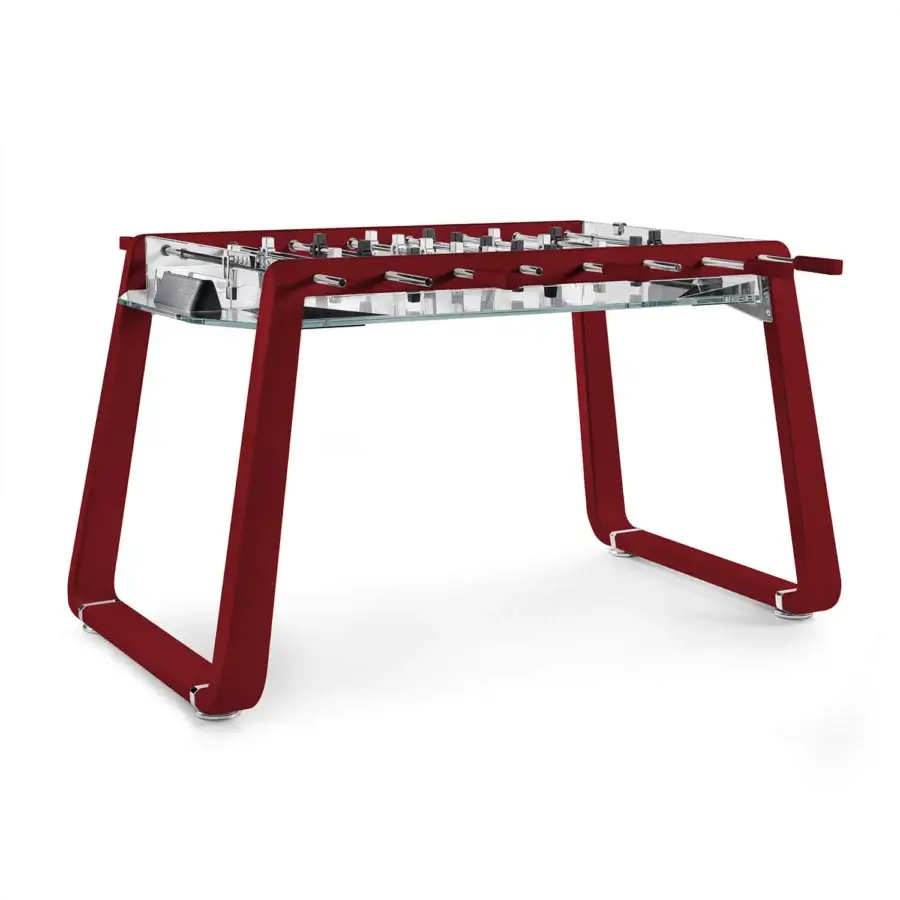 Meticulous Impatia Derby Canvas foosball table with lacquered red frame and transparent playing surface crafted in chrome details