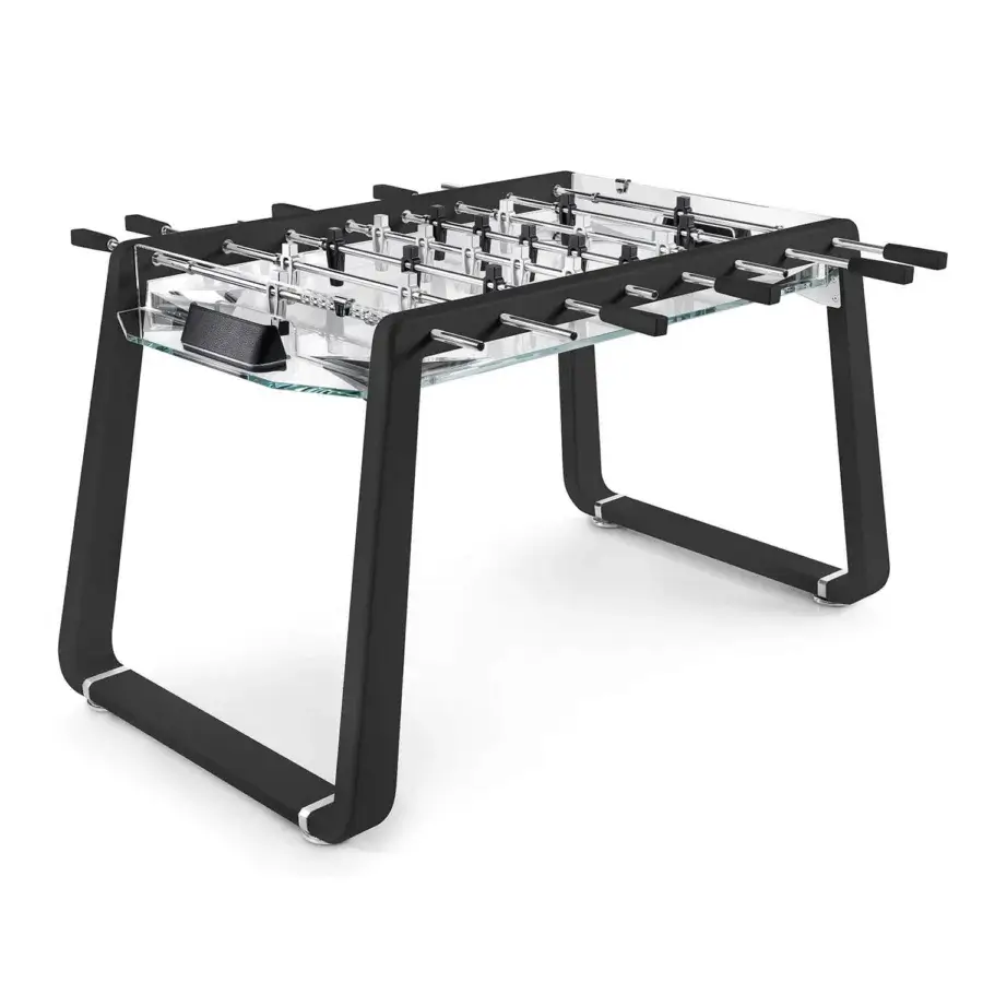 Superior Impatia Derby Canvas foosball table with lacquered dark frame and clear glass playing surface crafted in chrome accents