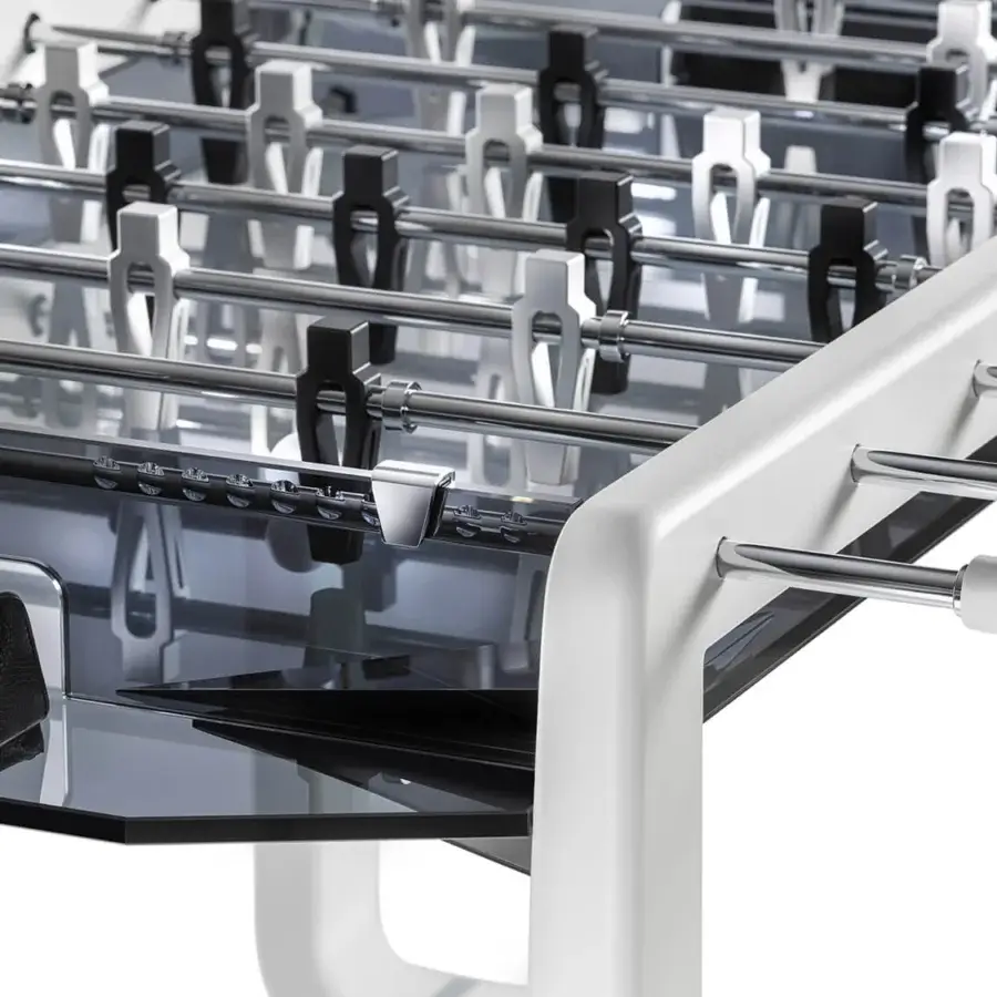Distinguished Impatia Derby Canvas foosball table with a lacquered metal frame and transparent playing surface in silver and white tones