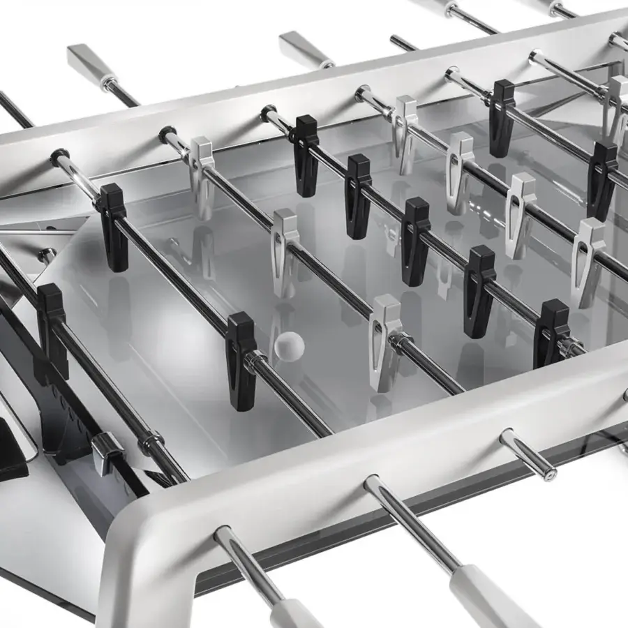 Elegant Impatia Derby Canvas foosball table with a lacquered metal frame and transparent playing surface