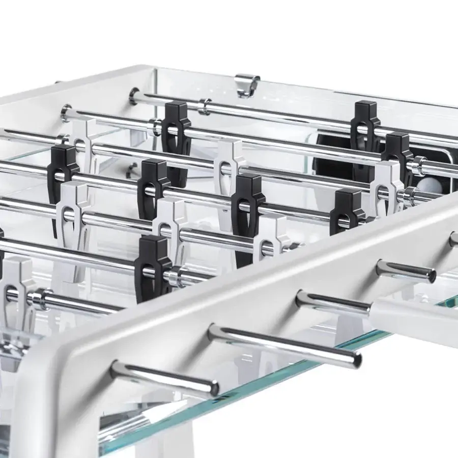 Exclusive Impatia Derby Canvas foosball table with a lacquered frame and transparent playing surface crafted in chrome and black cylindrical handles