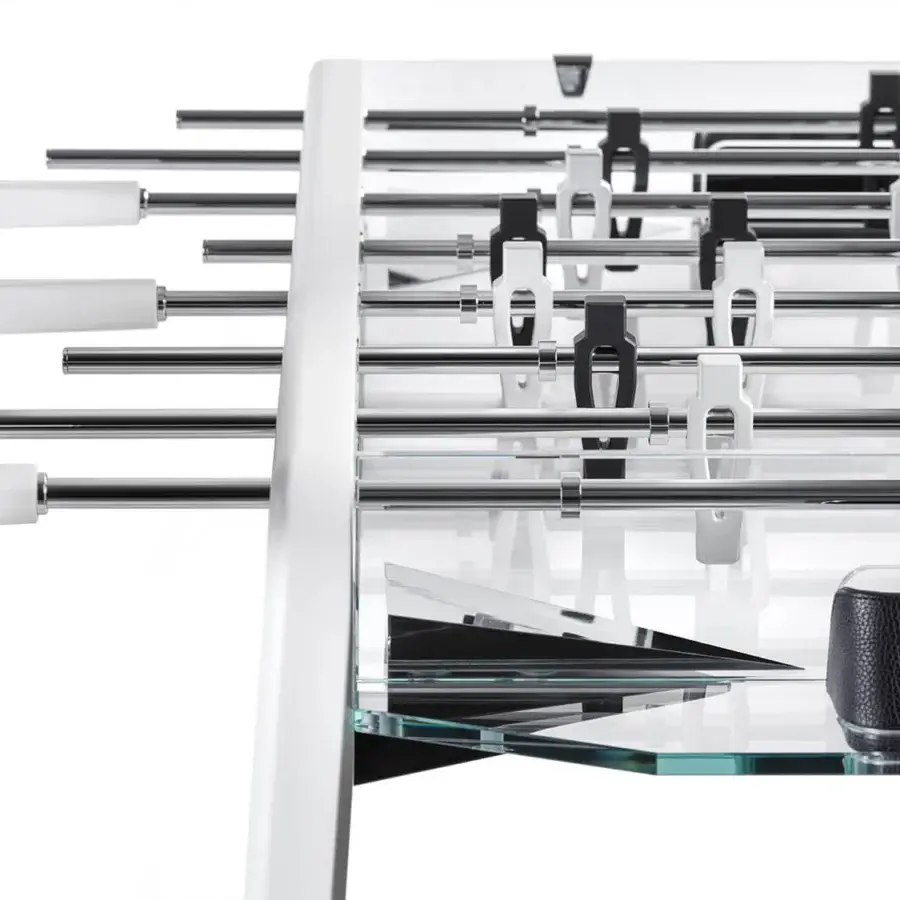 Superior Impatia Derby Canvas foosball table with a lacquered frame, transparent surface and elegant chrome details