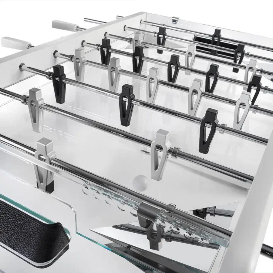 Distinguished Impatia Derby Canvas foosball table with a lacquered frame, transparent surface and chrome details crafted in black synthetic handles