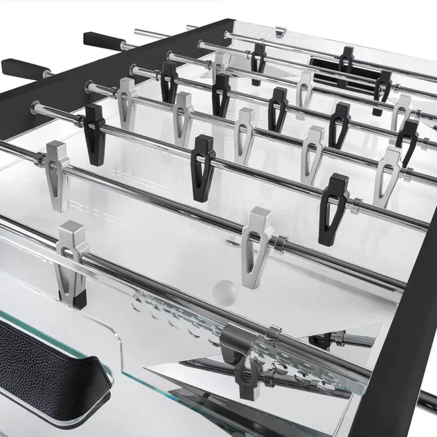 Exceptional Impatia Derby Canvas foosball table with a lacquered frame, transparent surface and chrome details