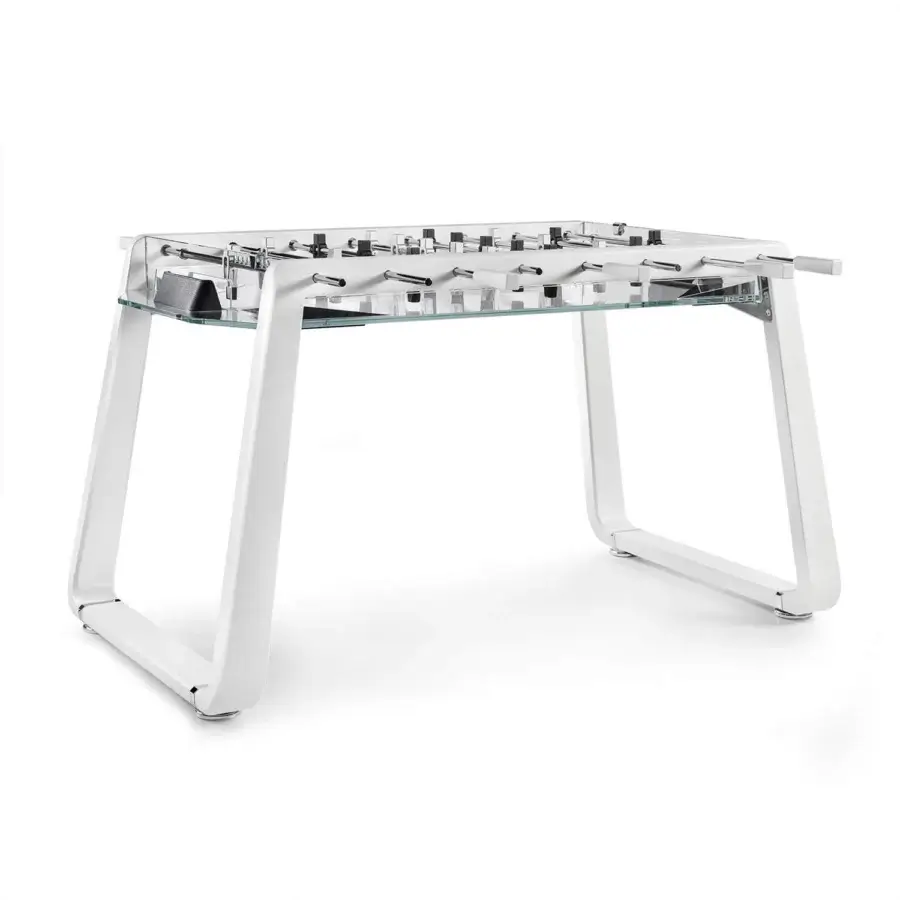 Distinguished Impatia Derby Canvas foosball with lacquered white frame and transparent playing surface crafted in chrome details