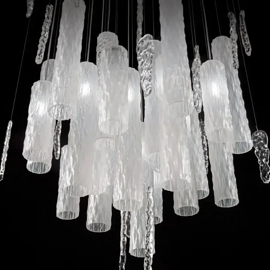 Distinguished Euroluce Iceberg suspension lamp crafted in ice white glass with a matte texture and cascading elongated elements