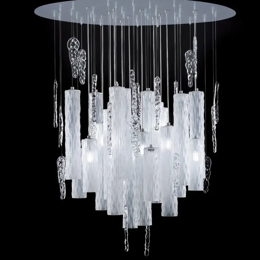 Exceptional Euroluce Iceberg suspension lamp crafted in ice white glass with a dynamic arrangement of satin and transparent cylinders