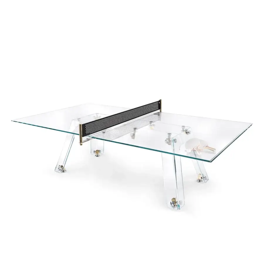 Elegant Impatia Lungolinea table tennis table crafted in transparent glass with a clear acrylic base and brass-colored accents