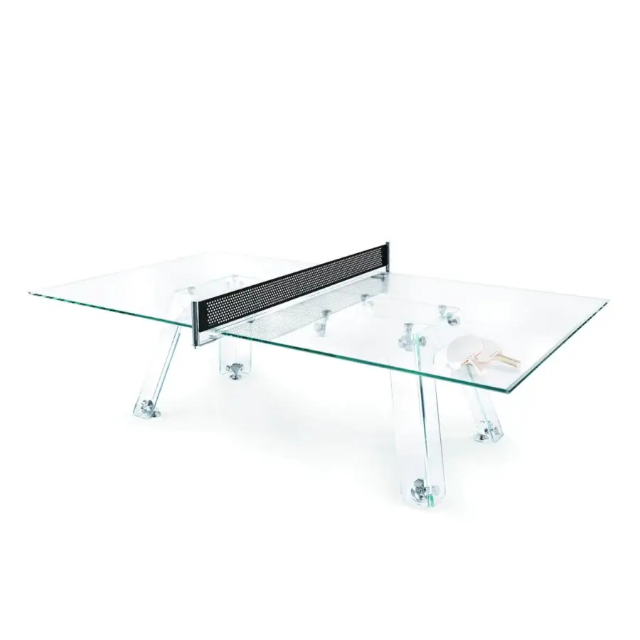 Distinguished Impatia Lungolinea table tennis table built with glossy glass and transparent acrylic legs offering a strikingly modern aesthetic