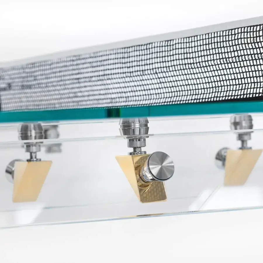 Exceptional Impatia Lungolinea table tennis table with glossy glass and silver-toned metal built with golden triangular accents