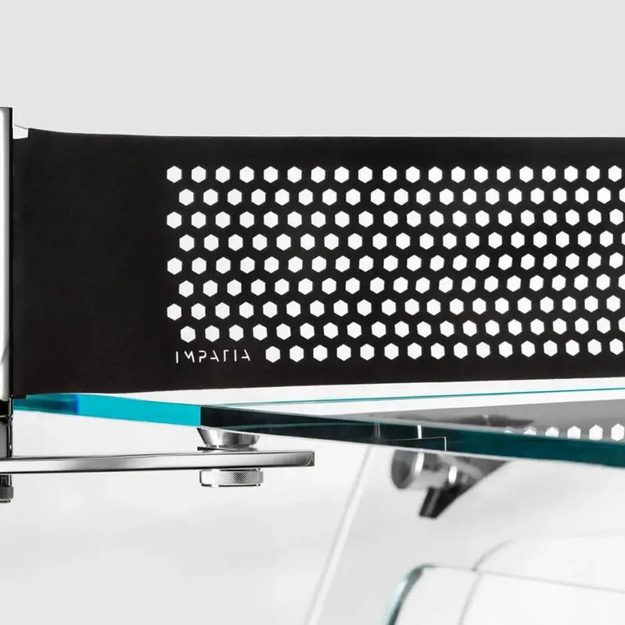 Elegant Impatia Lungolinea table tennis table with dark gray matte surface and polished silver metal frame