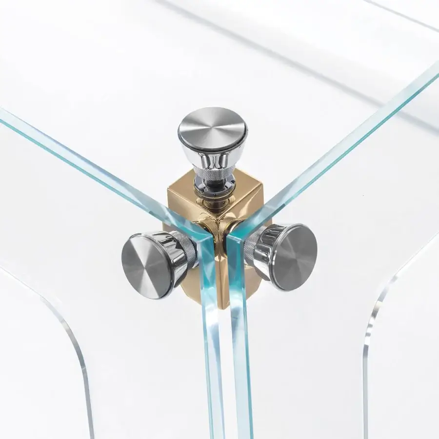 Exceptional Impatia Lungolinea Classic/Gold table tennis table with clear glass surface and brass-colored hub with polished silver accents
