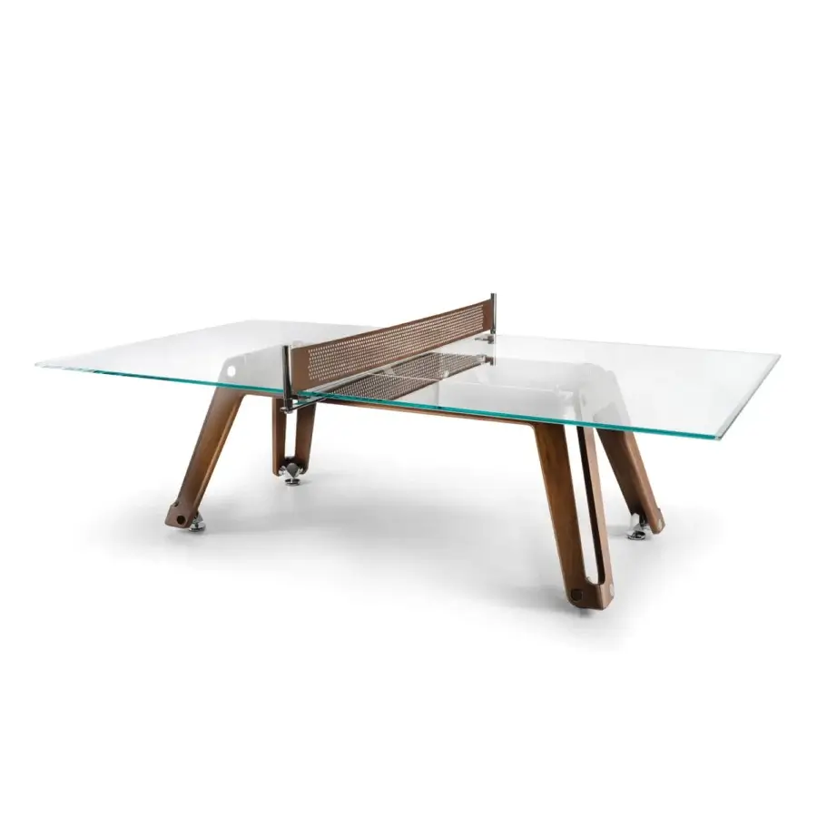 Exceptional Impatia Lungolinea wood table tennis table with walnut tone ash wood and transparent glass playing surface