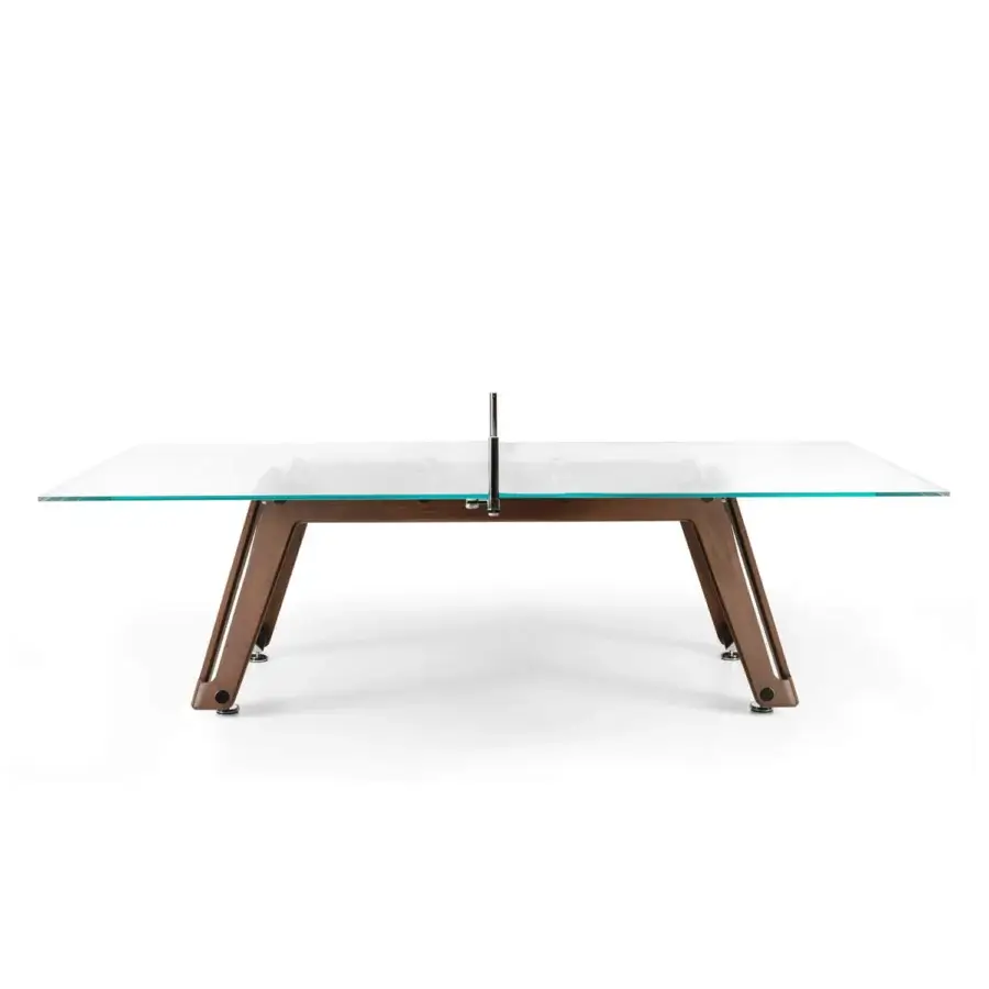 Elegant Impatia Lungolinea wood table tennis table with walnut ash wood base and high-precision crystal game surface crafted with Alcantara net
