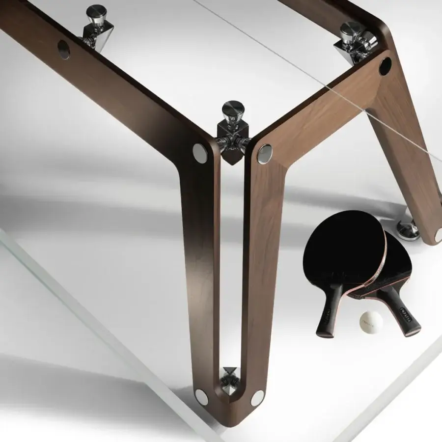 Distinguished Impatia Lungolinea table tennis table with walnut finish and crystal playing surface crafted in ash wood