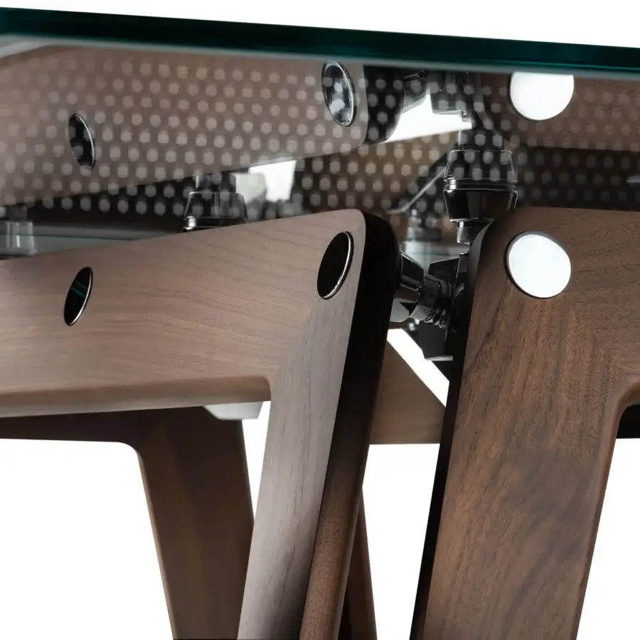 Exceptional Impatia Lungolinea Wood table with a greenish-blue crystal surface and walnut finished dynamically curved legs crafted in Italy