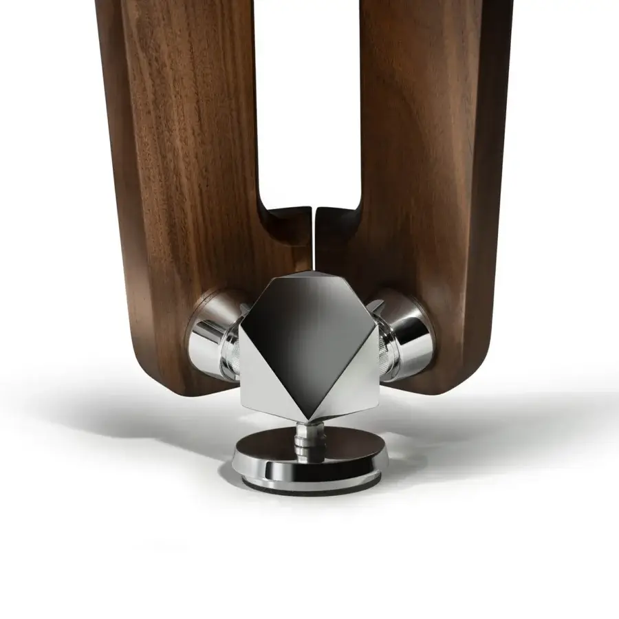 Elegant Impatia Lungolinea Wood table tennis table with a walnut tone and transparent playing surface crafted in Italy with polished metal components