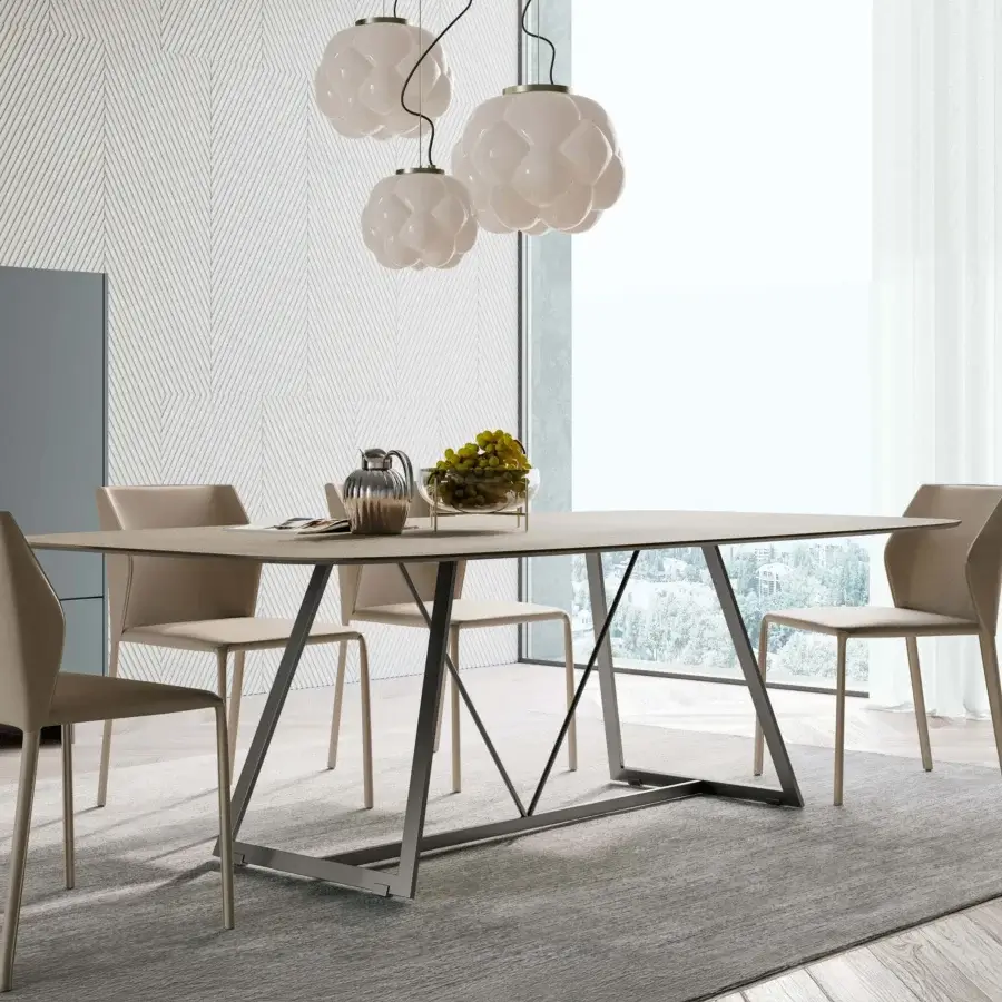 Distinguished Dallagnese Radar table with geometric metal base and matte neutral-toned wood tabletop crafted in Italy