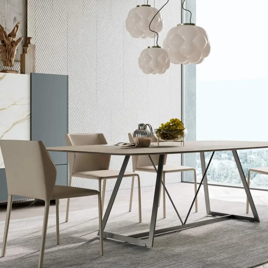 Exceptional Dallagnese Radar table with a satin metal base and smooth matte neutral-toned wood tabletop