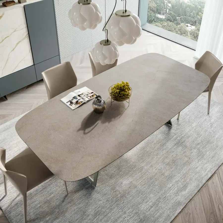 Distinguished Dallagnese Radar table with a matte synthetic composite tabletop and tensioned neutral gray metal frame
