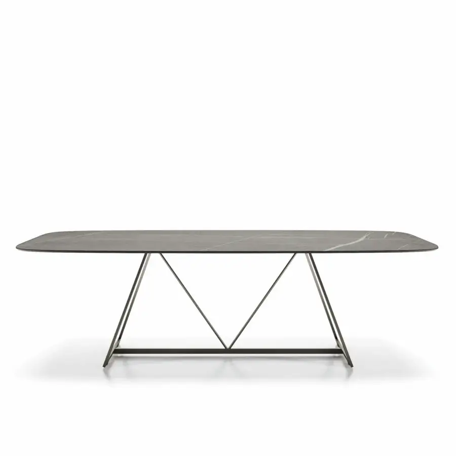 Architectural Dallagnese Radar table with a subtly veined gray stone top and matte dark gray metal A-frame base crafted in Italy
