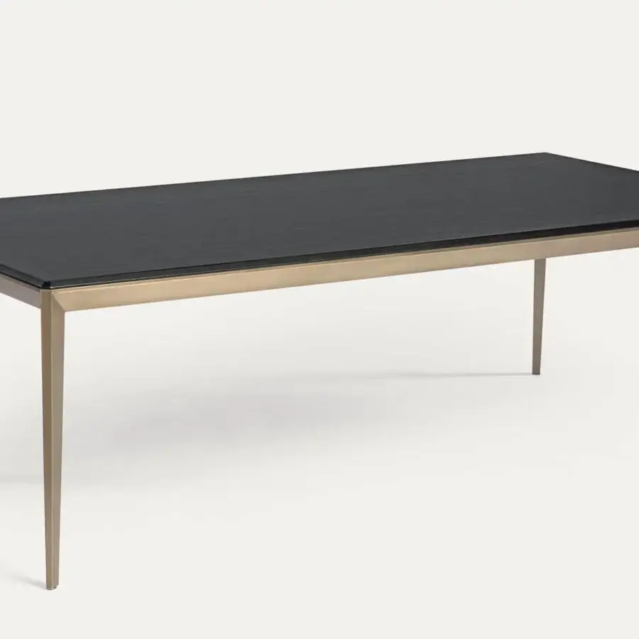 Elegant Shake New York table crafted with linden wood and blockboard ash wood, exhibiting a polished dark top with satin brass-toned metal legs