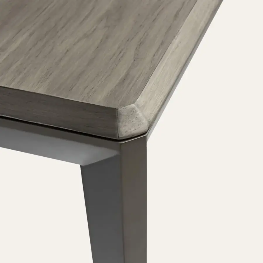 Distinguished Shake New York table crafted with linden wood and blockboard ash in muted gray with a matte finish