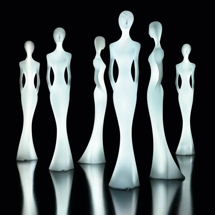 Elegant MY YOUR Penelope floor lamp with translucent off-white body and evocative oxidized detailing