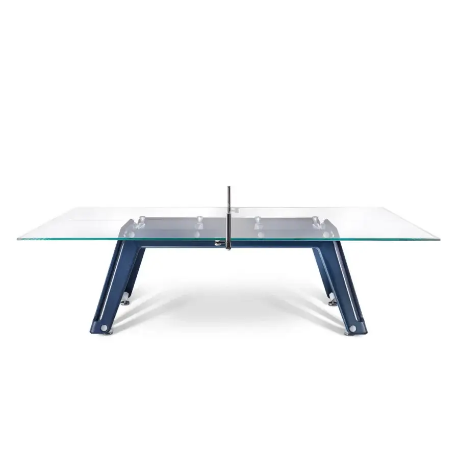Exceptional Impatia Lungolinea table tennis table with Italian leather and transparent glass playing surface in a sleek design