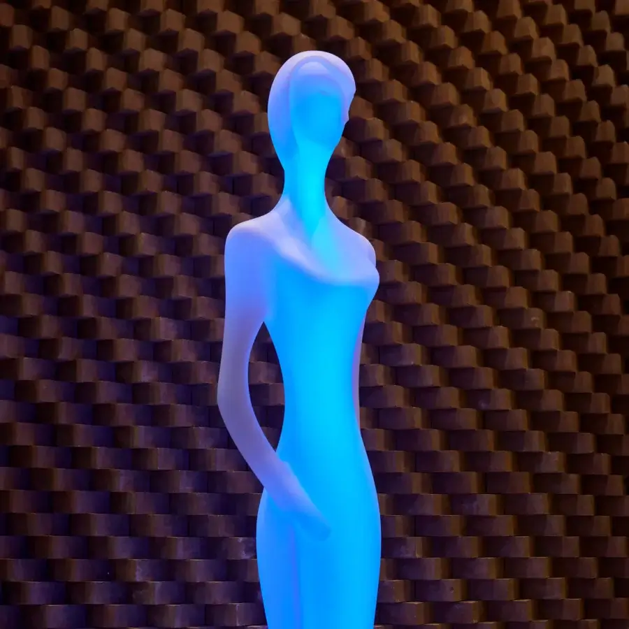 Superior MY YOUR Penelope floor lamp inspired by classical Greek forms with a glossy blue translucent synthetic material and oxidized finish