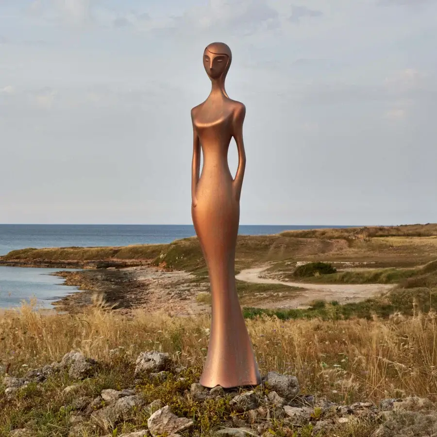 Exceptional MY YOUR Penelope floor lamp inspired by classical Greek sculpture with metallic body and evocative oxidized finish