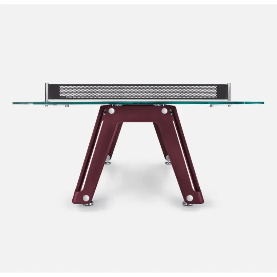 Distinguished Impatia Lungolinea table tennis table with burgundy Italian leather and clear glass tabletop crafted with a matte metallic frame