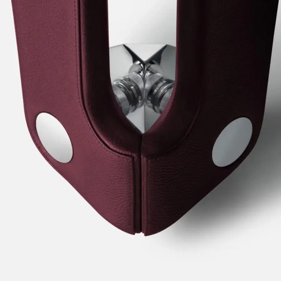 Exceptional Impatia Lungolinea table tennis table with burgundy Italian leather surface and polished metallic structure