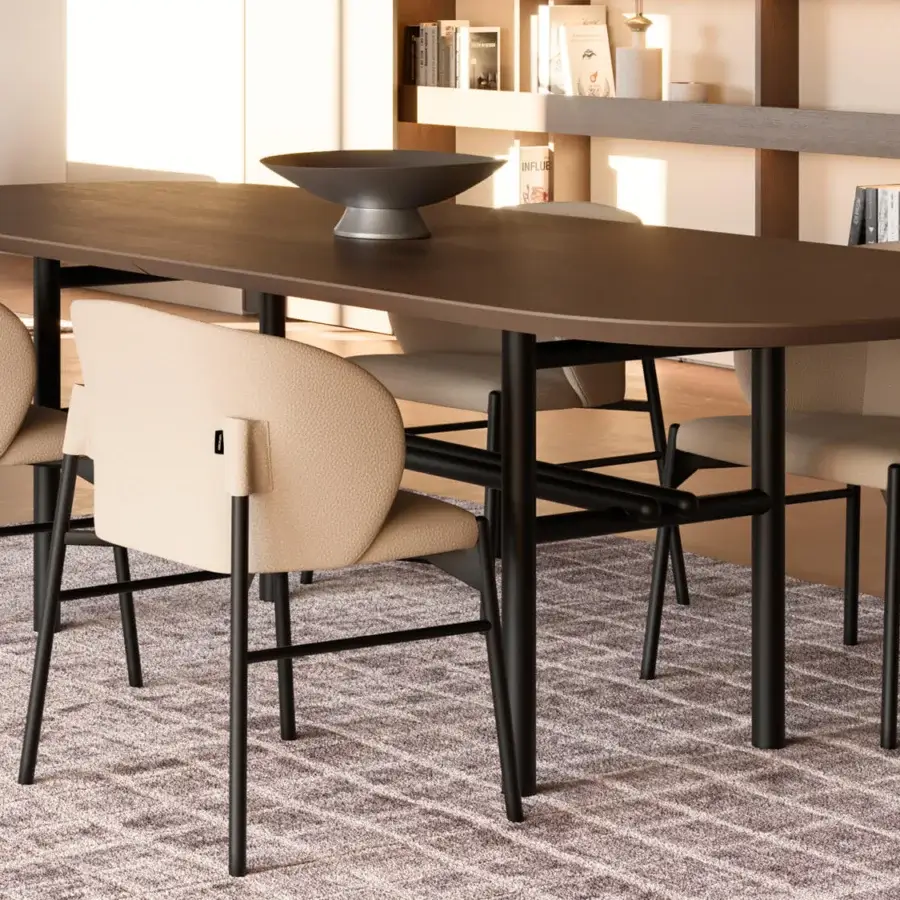 Distinguished Dallagnese Supernova table with rounded rectangular glass top and matte black metal base crafted in warm brown wood with satin finish