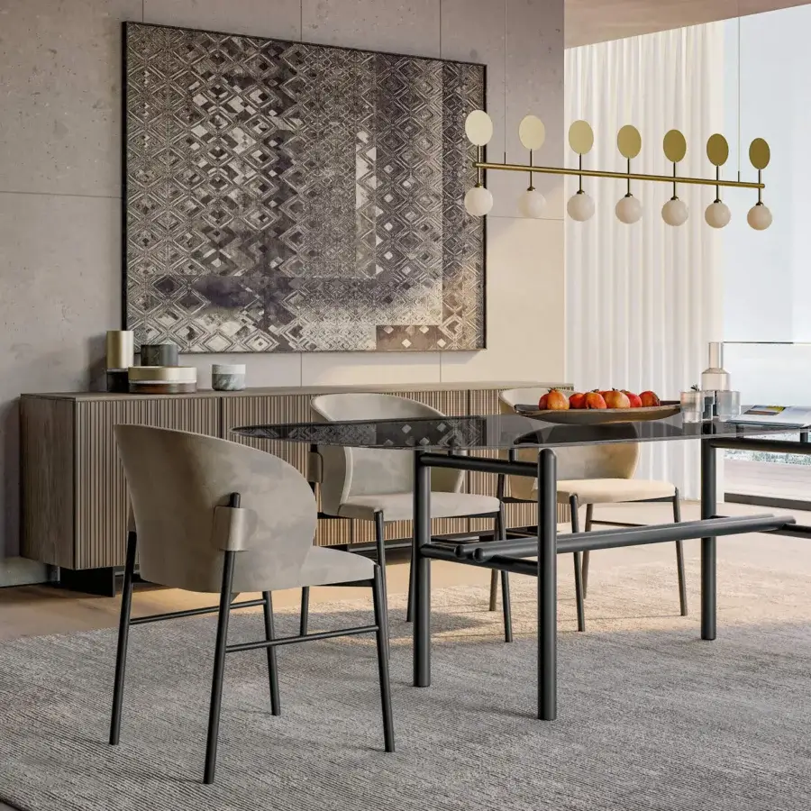 Elegant Dallagnese Supernova table with clear glass top and disciplined base built in dark gray metal with medium-toned brown wood
