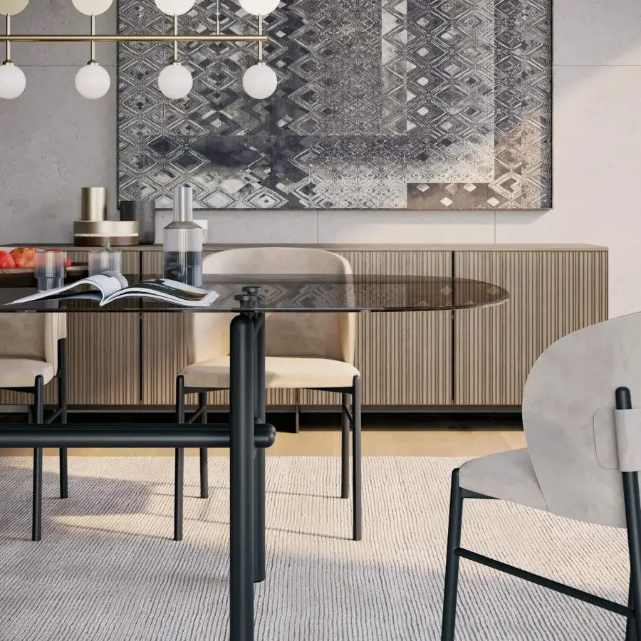 Architectural Dallagnese Supernova table with convex glass top and matte black metal base crafted in Italy