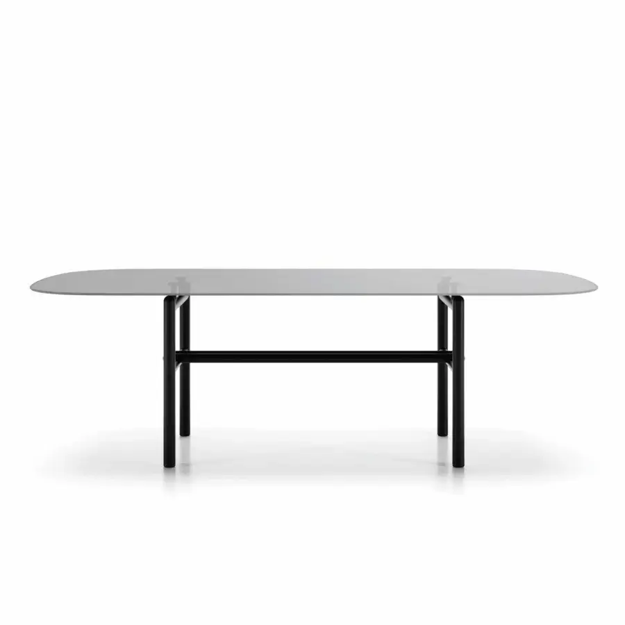 Distinguished Dallagnese Supernova table with convex rectangular glass top and disciplined matte black metal base crafted in Italy