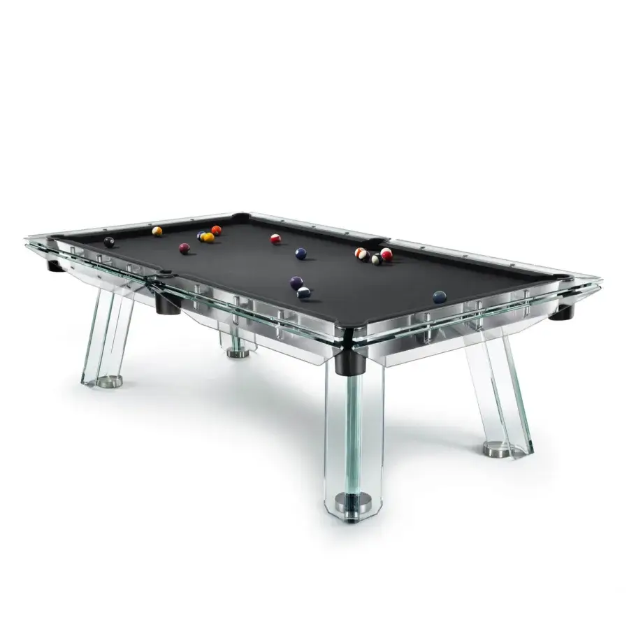 Exceptional Impatia Filotto pool table with Italian slate, Simonis cloth, leather pockets and transparent glass elements in satin metal