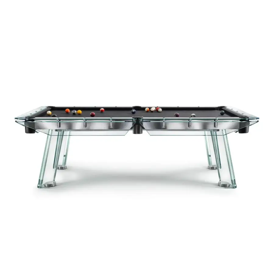 Superior Impatia Filotto pool table with Italian slate, Simonis cloth finish, clear glass frame and genuine leather pockets