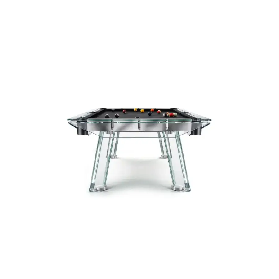 Lavish Impatia Filotto pool table crafted with Italian slate, Simonis cloth, genuine leather pockets and polished chrome joints