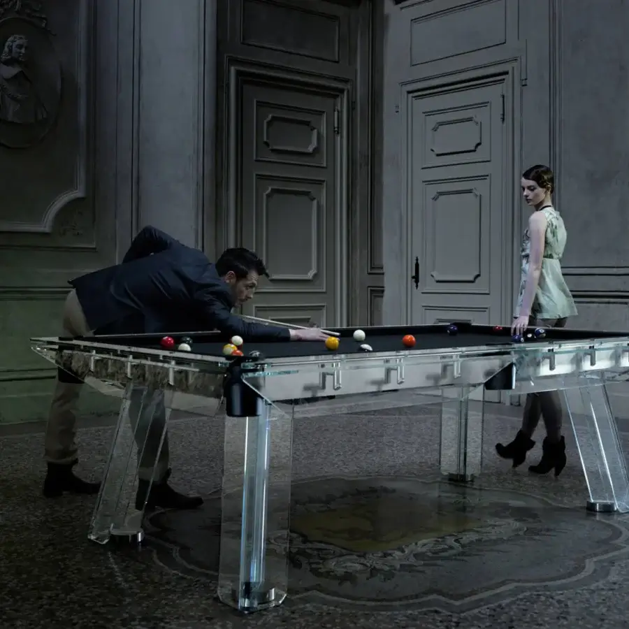 Superior Impatia Filotto pool table built with Italian slate, Simonis cloth, chrome joints and genuine leather pockets