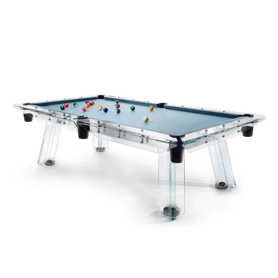Exceptional Impatia Filotto pool table built with Italian slate, Simonis cloth in blue, glossy chrome joints and transparent acrylic legs