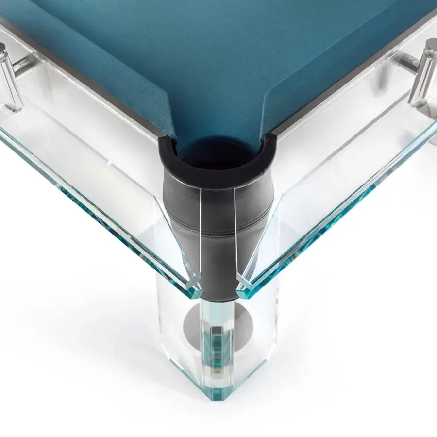Superior Impatia Filotto pool table crafted with clear glass, Italian slate, teal Simonis cloth and genuine leather pockets
