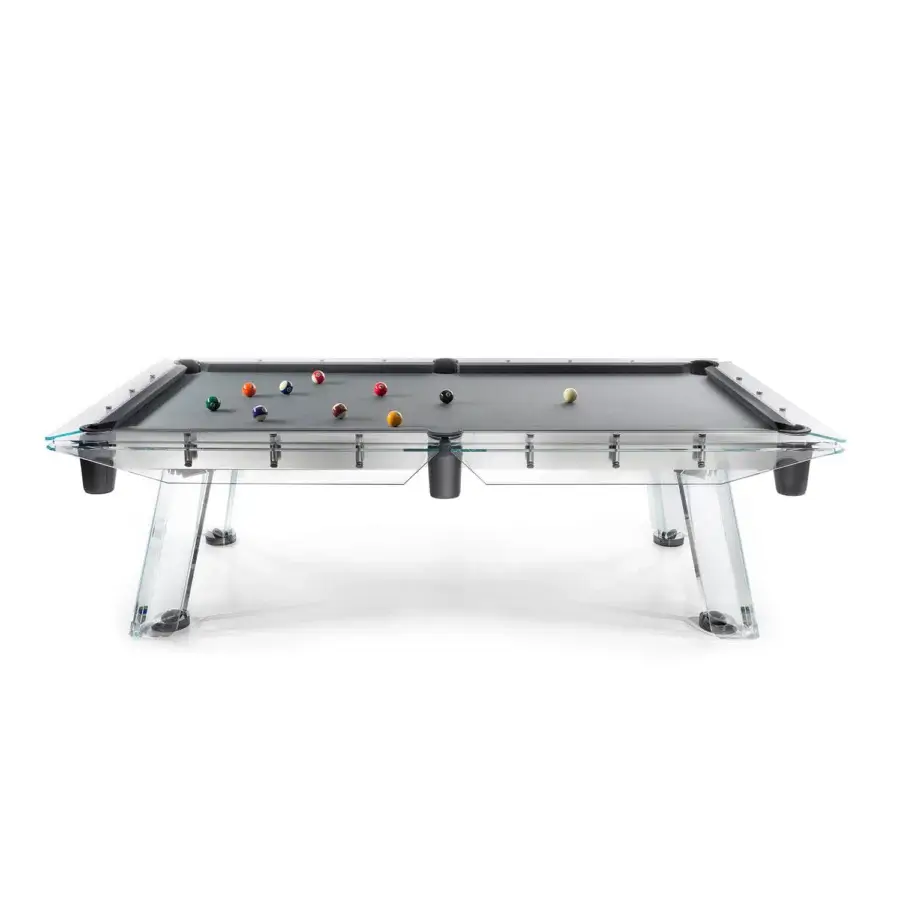 Elegant Impatia Filotto pool table with acrylic frame, Italian slate base and Simonis cloth finish