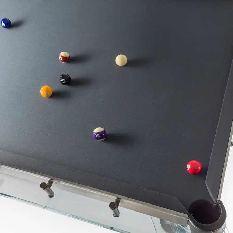 Superior Impatia Filotto pool table with Italian slate base, genuine leather pockets and sleek chrome connecting joints in dark grey Simonis cloth