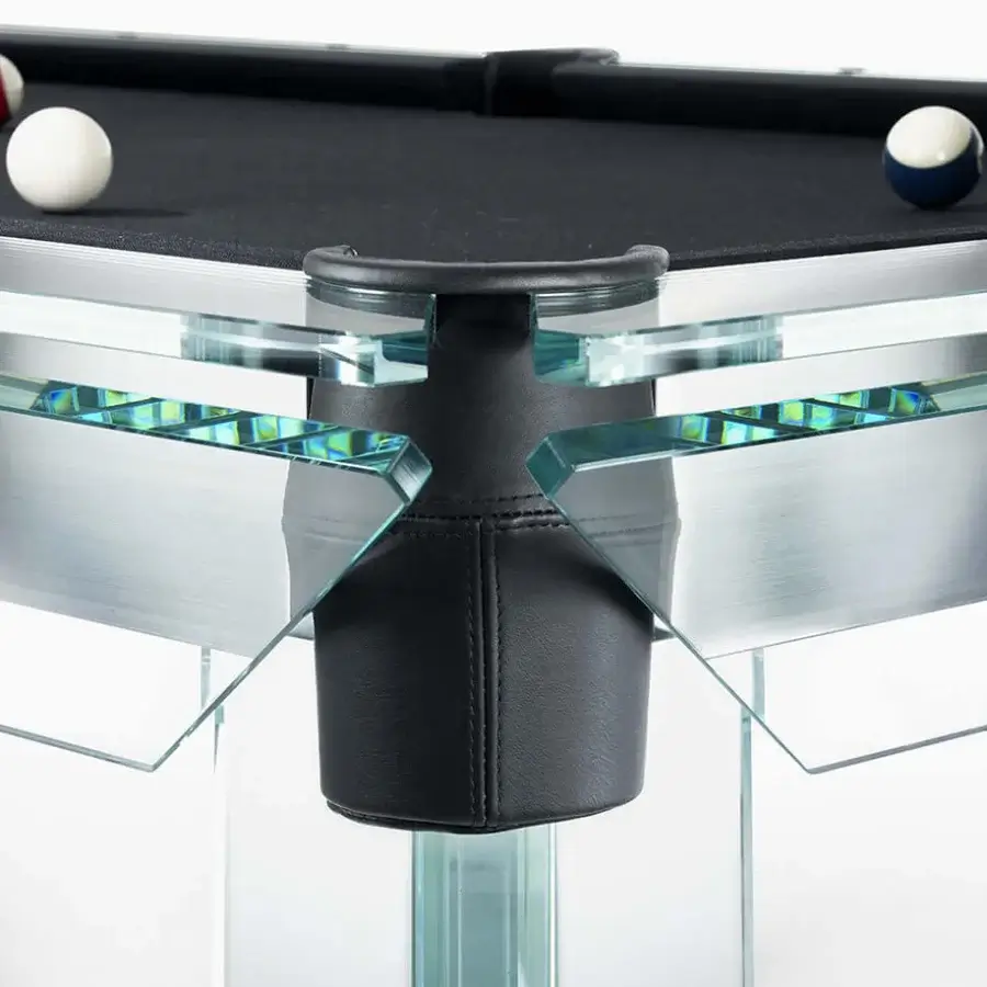 Elegant Impatia Filotto pool table with Italian slate, clear glass rails and a dark Simonis cloth finish