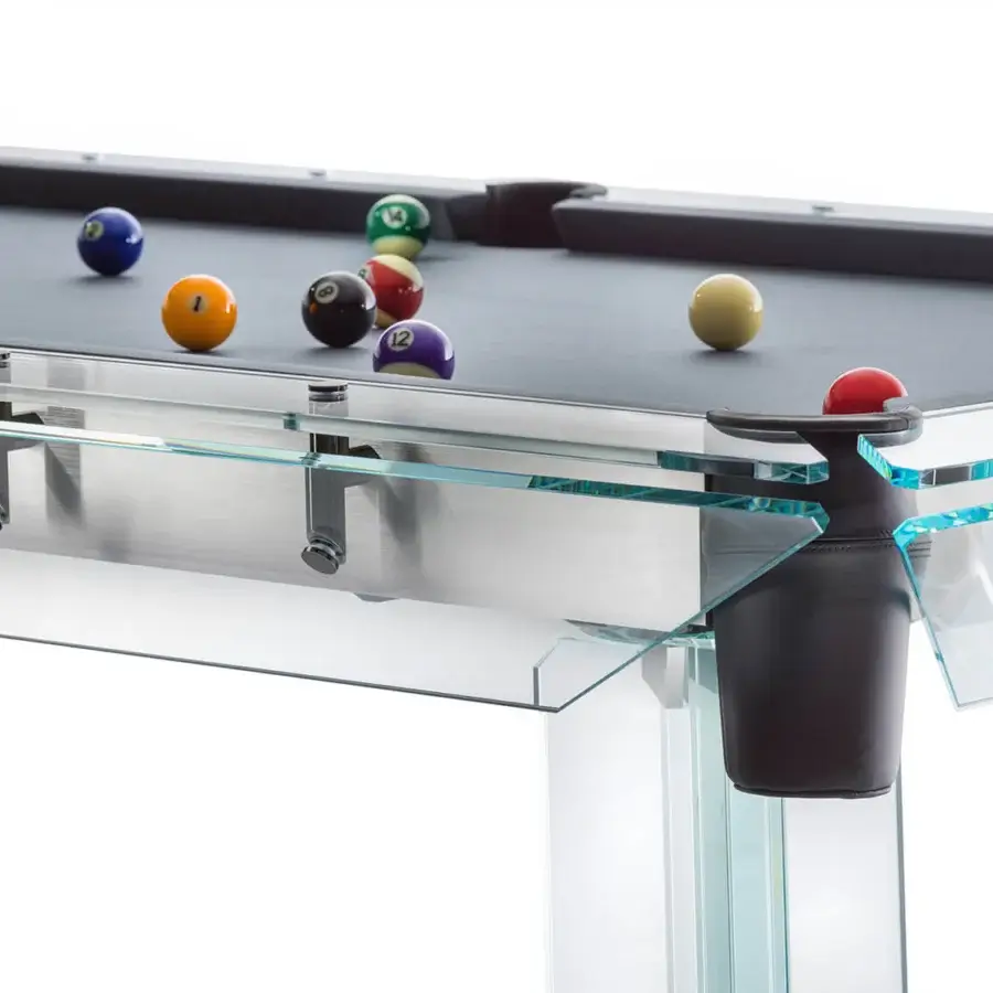 Distinguished Impatia Filotto pool table with Italian slate, Simonis cloth and transparent brushed metal glass support structure